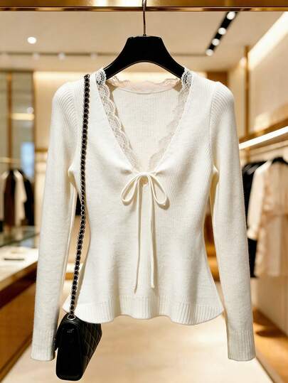 Qadelle V-Neck Wavy Lace Trim Neckline Drawstring Tie Waist Ruffle Hem Fitted Long Sleeve Women's Sweater