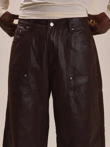 Musero Baggy Fit Carpenter Coated Brown Denim Jeans Back P.U Branded Patch Waistband With Belt Loops Spring Summer Essentials - Brown - View 5