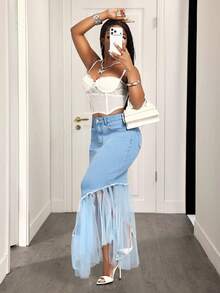 Slaydiva Women's Elegant Denim Skirt With Pocket, Mesh Patchwork And Fishtail Hem - Blue - View 6
