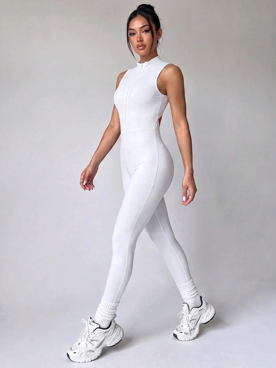 Dewbera Dewbera Women's White Sleeveless Athleisure Jumpsuit,Sexy Open-Back, Front-Zip Tight-Fitting Jumpsuit - Multicolor - View 1