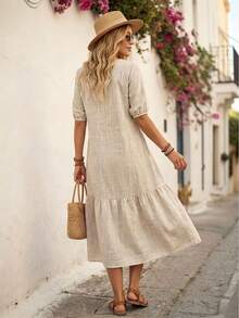 EMERY ROSE Beige Women's V-Neck Ruffle Hem Short Sleeve Dress Vacation Summer Boho - Khaki - View 3
