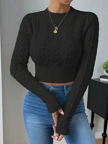 SHEIN Raffinéa Women Solid Color Mock Neck Long Sleeve Cropped Fitted Sweater, Autumn/Winter, Long Sleeve Top Knit Pullover Fall - Black - View 7