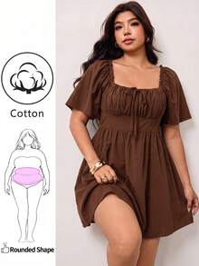 Enliva Plus Size Women's Spring/Summer New Casual Daily Wear, Suitable For Party, Date, Birthday, Music Festival, Back To School, Commute, Vacation And More Occasions, Ruffle Short Sleeve Dress, Off-Shoulder Design, Soft Cotton Blend Fabric, Loose Fit, Short Length, Black, Plus Size Available - Brown - View 2