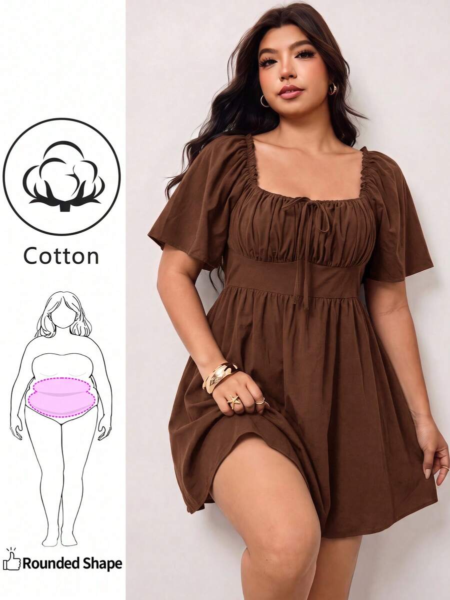Enliva Plus Size Women's Spring/Summer New Casual Daily Wear, Suitable For Party, Date, Birthday, Music Festival, Back To School, Commute, Vacation And More Occasions, Ruffle Short Sleeve Dress, Off-Shoulder Design, Soft Cotton Blend Fabric, Loose Fit, Short Length, Black, Plus Size Available