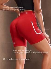 SHEIN Sports Celana Pendek Olahraga Slim Fit Pinggang Tinggi Lembut dengan Kantong Samping untuk Gym, Lari, Warna Hitam dan Merah, Cocok untuk Musim Panas - Merah - View 2