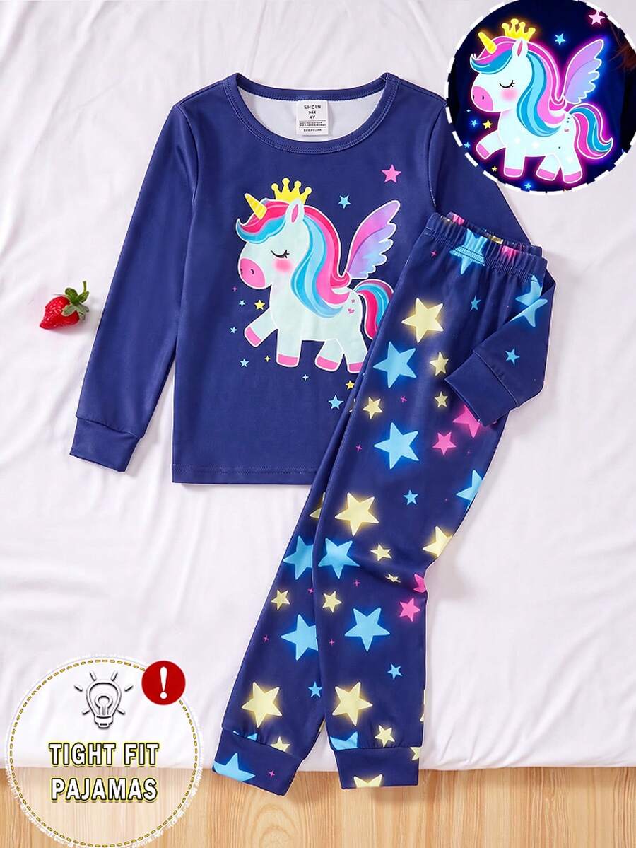 一套女童夜光独角兽印花圆领长袖上衣和打底裤睡衣套装 - 藏蓝色 - 查看 1