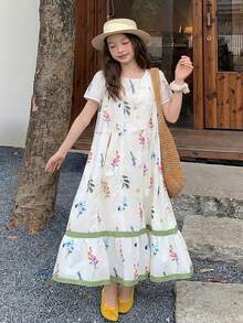 Dazy Kids Tween Girls Round Neck Knit Contrast Mesh Dress, Summer Vacation - White - View 6