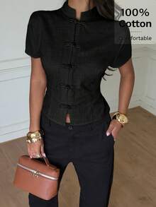 Siren Gaze Women's Solid Color Short Sleeve Stand Collar Frog Button Design Cropped Shirt - Black - View 5