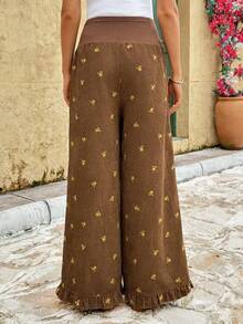 Lyckli Maternity Vacation Embroidered Adjustable Waistband Pocket Loose Pants Fall - Brown - View 8