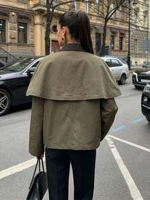Firerie Jaket Kardigan Syal Vintage Kasual Wanita Warna Hijau, Mantel Trench Pendek Musim Gugur, Jaket Gudang, Gaya Jalanan Kasual untuk Beraktivitas di Luar Ruangan - Coklat - View 3