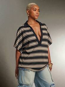Denimoi Plunge Neck Collared Oversized Striped Polo Top Fashionable Tops - Multicolor - View 4
