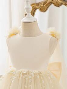 SHEIN Glamorique Kids 優雅香檳色花童禮服，無袖3D花卉刺繡公主長裙，附長款網紗披肩，適用婚禮、生日派對，秋冬款 - 香檳色 - 查看 8