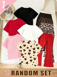 Conjunto de Caja Ciega Aleatorio, Primavera/Verano/Otoño Niñas Pequeñas Moda Casual Estampado de Leopardo, Patrón de Corazón, Cuadros, Lunares de Corazón, Mariposa de Corazón, Leopardo Brillante, Patrón de Lazo Estilo Casual Básico Camiseta Corta y Pantalones Acampanados - Multicolor - Ver 2