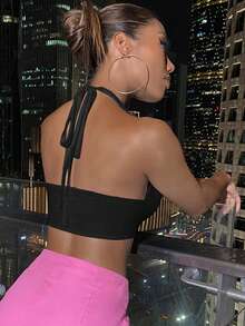 SHEIN ICON Summer Sexy Ultra-Short Solid Color Backless Halter Top - Black - View 2