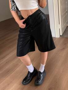 DAZY Women's High Waist Black PU Leather Shorts, Loose Casual Streetwear Commuter Office Pants, Autumn - Black - View 4