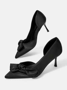 CUCCOO HITCHD Ladies Shoes Slant Bow Ladies Pointed Tips Side Empty Heels Black Satin Elegant Gentle Wedding Bridesmaids Party Dating Fall Shoes - Black - View 6