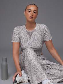 Levarali Women's Plus Size Leopard Print Short Sleeve Cropped T-Shirt And Wide Leg Pants Sports Set - Grey - View 9