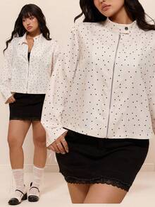 CovetEZ New Polka Dot Colorblock Casual Versatile Plus Size Long Sleeve Jacket Fall - Beige - View 3