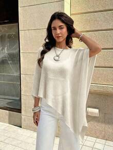SHEIN Franclia 女款純色圓領不對稱下擺寬鬆毛衣 - 白色 - 查看 5