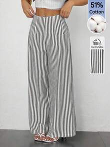 SHEIN PETITE 女款極簡休閒時尚返校季復古條紋高腰紋理寬腿長褲 - 黑與白 - 查看 5