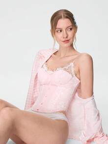 Bonmuse Spring/Summer Ins Fresh Sweet Style Lace Bustier With Underwire & Boning, Tight Waist Tie-Up Sexy Camisole Corset For Women - Baby Pink - View 9
