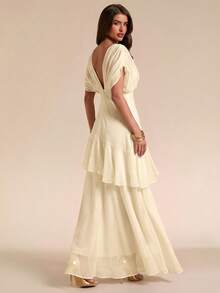SHEIN BAE Gaun Maxi Chiffon Elegan Wanita Warna Cokelat Polos, Leher V Dalam, dan Hem Berumbai Transparan, Cocok untuk Musim Semi/Panas - Aprikot - View 4