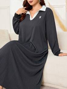 Lacomfia Plus Size Women's Colorblock Collared Long Sleeve Casual Sweatshirt Dress - Grey - View 6