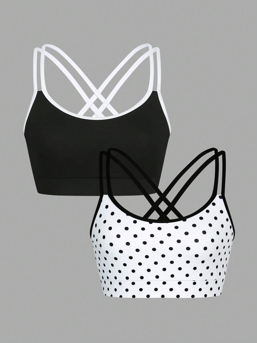 Sweetra 2pcs Seamless High Elasticity Printed Sports Tank Top With Criss-Cross Back Strap Design, Gym Wear - Black - View 1