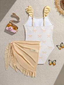 SHEIN Tween Girls Cute Bow Tie Print Shoulder Strap Floral Trim One-Piece Swimsuit With Ruffle Skirt, Suitable For Swimming, Vacation, Summer Beach - Yellow - View 2