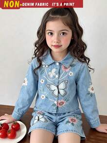 SHEIN Elladie kids 2件組女童水洗柔軟丹寧風領口襯衫短褲套裝，珍珠蝴蝶粉色山茶花造型，嬰兒7歲生日秋季穿搭 - 藍色 - 查看 1