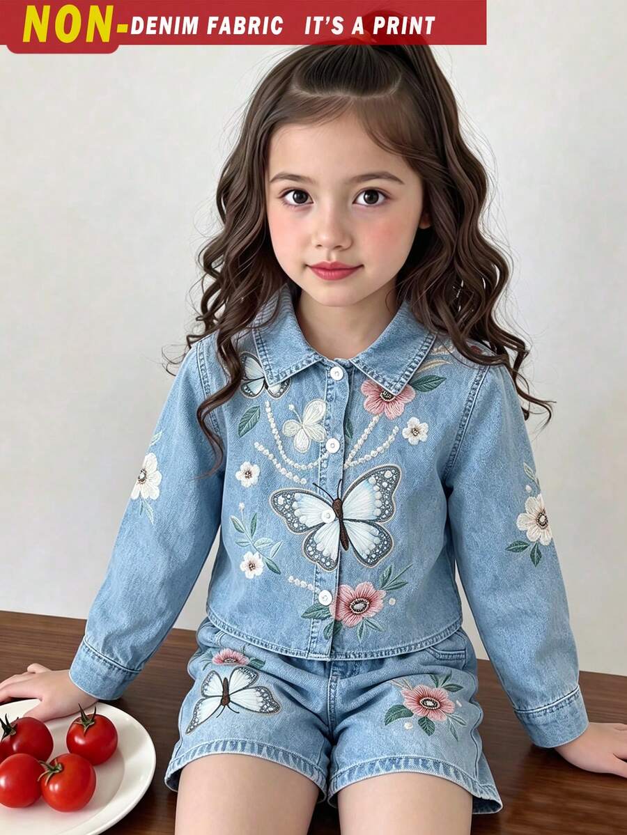 SHEIN Elladie kids 2件組女童水洗柔軟丹寧風領口襯衫短褲套裝,珍珠蝴蝶粉色山茶花造型,嬰兒7歲生日秋季穿搭 - 藍色 - 查看 1
