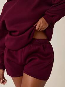 Levarali Plus Size Women's Sports Set Hooded Sweatshirt + Shorts 2 Pieces Set, Autumn/Winter Outfit Fall - Burgundy - View 5