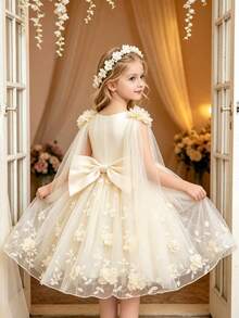 SHEIN Glamorique Kids 優雅香檳色花童禮服，無袖3D花卉刺繡公主長裙，附長款網紗披肩，適用婚禮、生日派對，秋冬款 - 香檳色 - 查看 3