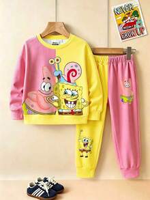 SpongeBob SquarePants | SHEIN 男嬰卡通印花圓領運動衫與慢跑褲兩件套，可愛休閒風 - 白色 - 查看 4