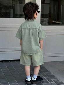 DAZY Young Boys Turn Collar Short Sleeve Washed Denim Top Denim Set - Light Wash - View 2