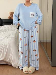 Napfluff Cute Puppy Double-Sided Flannel Print Loose Round Neck Long Sleeve Pants Women's Pajama Set - Baby Blue - View 4