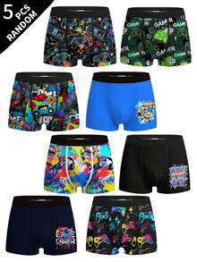 5 Random Pieces Little Boys Boxer Briefs With Assorted Pixel Game Console Prints, Skin-Friendly And So - Grey - View 1