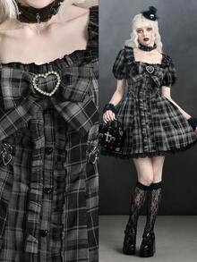 ROMWE Dark Gothic Black & Grey Plaid Bow Petal Sleeve Fitted A-Line Mini Dress - Multicolor - View 8