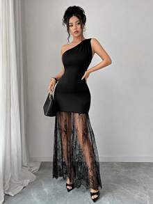 SHEIN Raffinéa Gaun Maxi Bodycon Pas Badan Seksi dengan Bahu Asimetris dan Patchwork Renda - Hitam - View 8