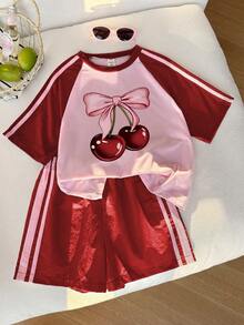 Elladie kids 少女櫻桃印花插肩袖短袖T恤與短褲休閒套裝 - 紅色 - 查看 2