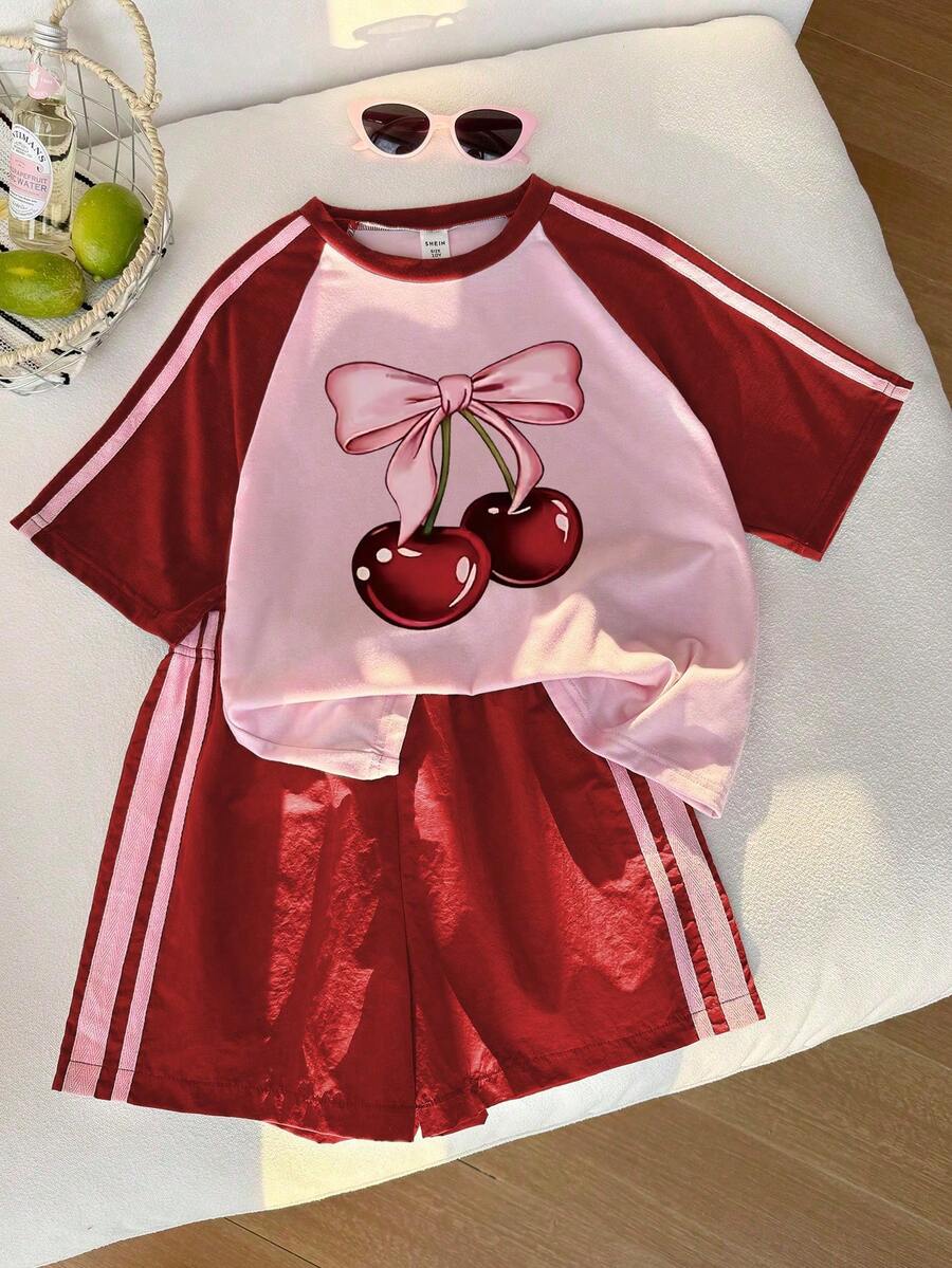Elladie kids 少女櫻桃印花插肩袖短袖T恤與短褲休閒套裝