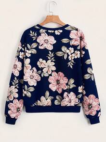 SHEIN LUNE 花卉印花落肩衛衣，秋冬長袖上衣，休閒風 - 藏蓝色 - 查看 2