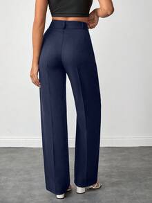 Wovencharm Wovencharm Petite Size Women Solid Color High Waist Straight Leg Pants For Everday Wear - Navy Blue - View 6