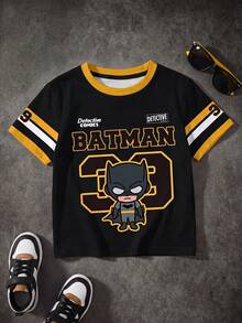 BATMAN X SHEIN 男童休闲字母图案圆领短袖T恤，夏季款 - 白色 - 查看 1