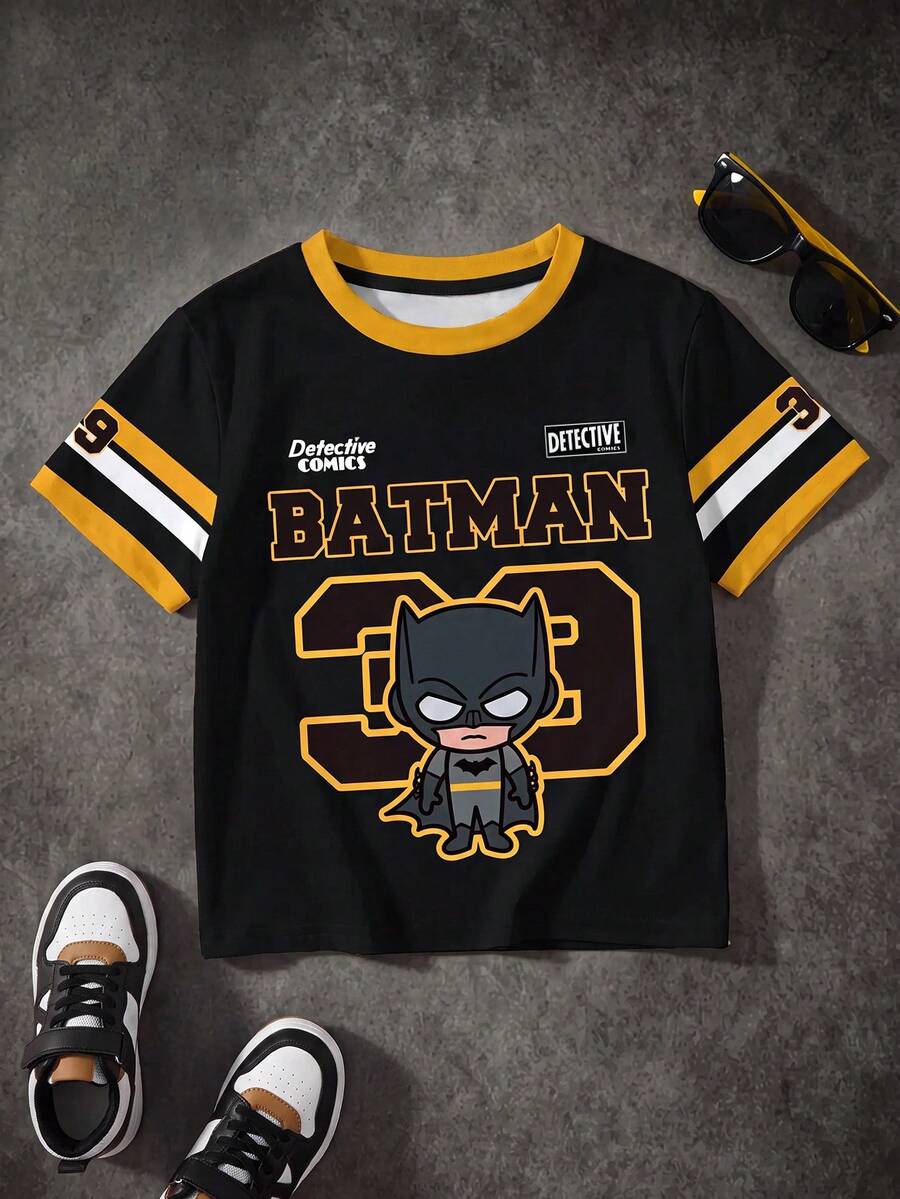 BATMAN X SHEIN 男童休闲字母图案圆领短袖T恤，夏季款 - 白色 - 查看 1