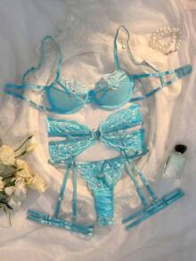 Seduluxe 4pcs Women's Sexy Lace Patchwork Lingerie Set - Baby Blue - View 6