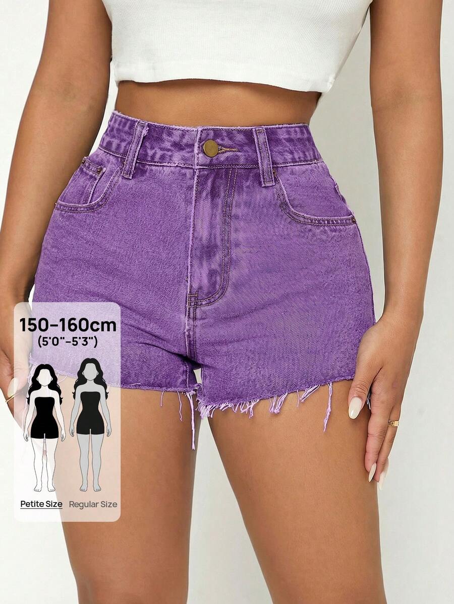 SHEIN PETITE 女士高腰口袋毛边休闲牛仔短裤 - 紫色 - 查看 1