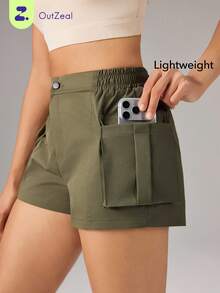 OutZeal Women Sports Shorts Gym Workout Back Elastic Waist With Pockets Cargo Shorts - Army Green - View 1