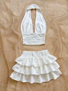 Soleia Women's Vacation Casual Backless Halter Top & Ruffle Tiered Skirt 2 Pieces Set - White - View 2