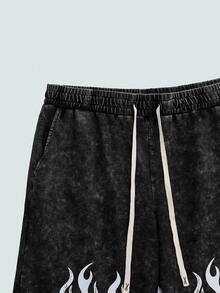 Modcrash Plus Size Men's Casual Distressed Flame Print Shorts, Minimalist Pattern, Suitable For School And Daily Wear - Black - View 8